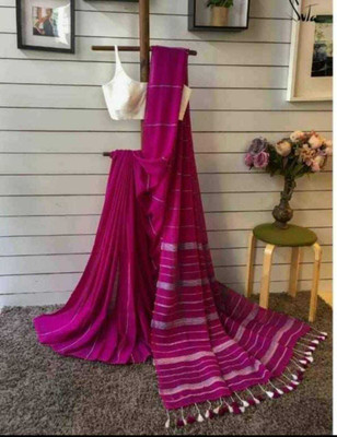 HouseOfCommon Striped Tant Pure Cotton Saree(Magenta)