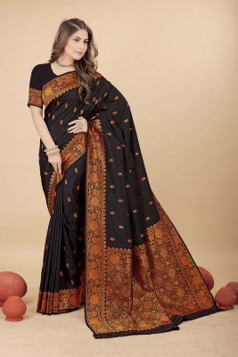 YUG ART Woven Kanjivaram Silk Blend Saree(Black)