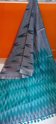 Dikshashree Printed Ikkat Cotton Blend Saree(Blue, Grey)