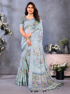 VASTRAVEDAA Digital Print Bollywood Linen Saree(Light Blue)