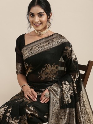 VJ FASHION Woven Banarasi Linen Saree(Black)