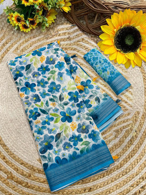 SJY Floral Print Bollywood Linen Saree(Blue)