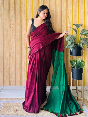ANOUK Solid/Plain Saree with Attached Blouse Cotton Blend Saree(Maroon)
