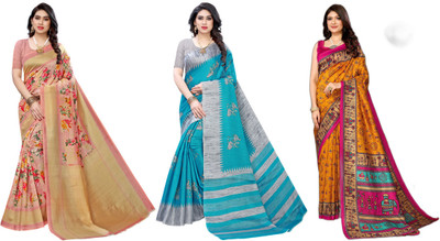 YASHIKA Printed, Woven Mysore Art Silk Saree(Pack of 3, Pink, Grey, Blue, Yellow)