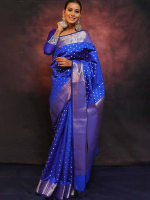 YASHIKA Printed Kanjivaram Cotton Silk, Jacquard Saree(Blue)