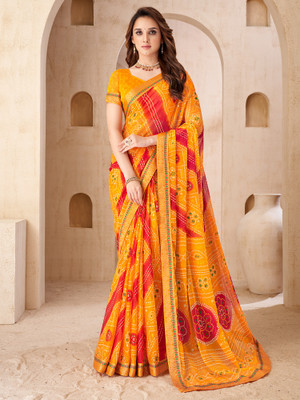 Anouk Rustic Embellished Bandhani Chiffon Saree(Yellow)