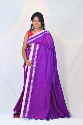 Ahana Textile Solid/Plain Handloom Cotton Blend Saree(Dark Blue)