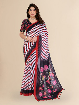 Moda Rapido Striped Bollywood Cotton Blend Saree(Black)
