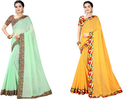 manish Solid/Plain Chanderi Cotton Blend Saree(Pack of 2, Light Green, Yellow)