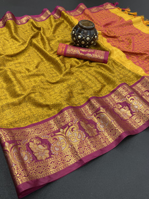 Aquiliq Self Design Kanjivaram Silk Blend Saree(Yellow)