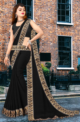 Offirra International Embroidered Banarasi Lycra Blend, Chiffon Saree(Black, Gold)