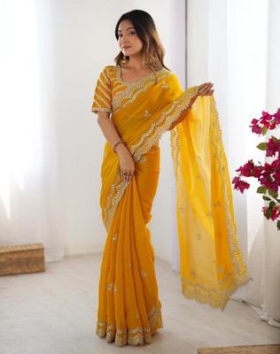 Tasrika Embroidered, Embellished Bollywood Tissue Saree(Yellow)
