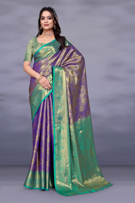 SHREE NATH CREATION Woven Banarasi Cotton Silk Saree(Purple, Green)