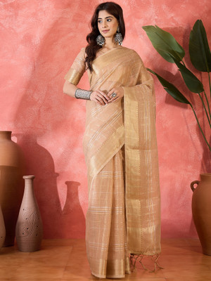 ShopGlobal Woven Banarasi Organza Saree(Beige)