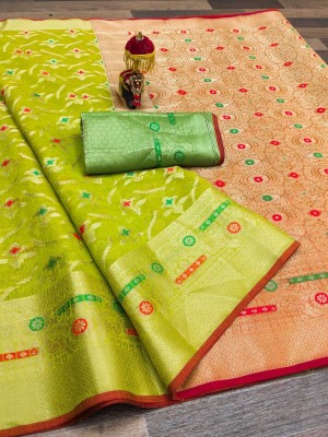 Mervadiya Self Design Kanjivaram Cotton Silk, Pure Cotton Saree(Green)