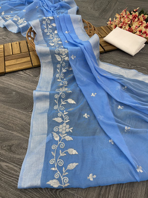 GLOWMOROUS Embroidered Chanderi Chanderi Saree(Blue)