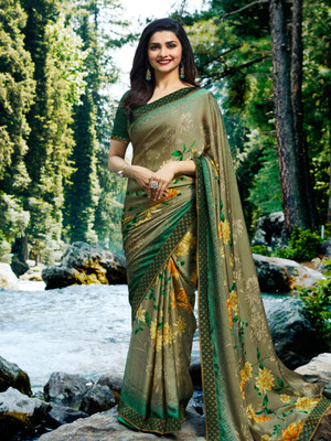Hensi sarees shop Woven Mundum Neriyathum Georgette, Art Silk Saree(Green)