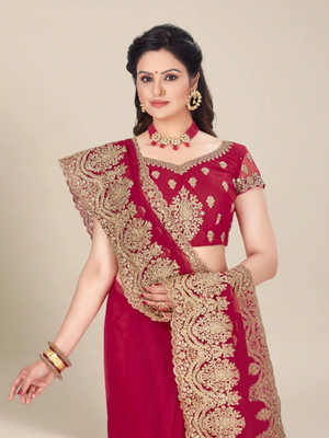 Manokamna Embroidered Bollywood Net Saree(Pink)