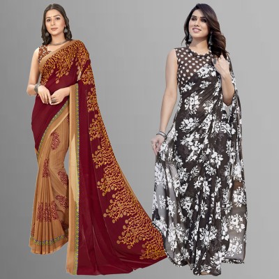 Anand Sarees Floral Print Daily Wear Georgette Saree(Pack of 2, Beige, Maroon, Grey)