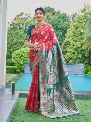 Gariya Fab Self Design Banarasi Cotton Blend Saree(Green)