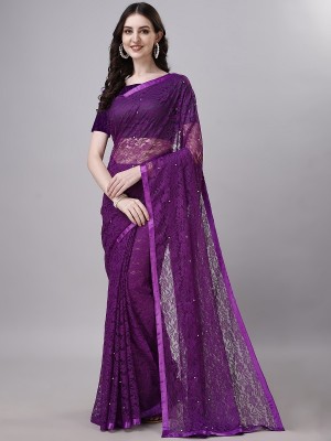 pridewear Embroidered, Floral Print, Hand Painted, Graphic Print, Digital Print Bollywood Net Saree(Purple)