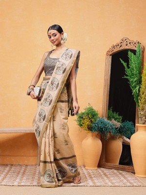 SILK ZONE Printed Chanderi Cotton Blend Saree(Beige)