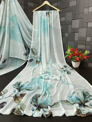Pemal Designer Floral Print Bollywood Georgette Saree(Light Blue)