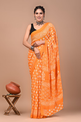 Threadier Blocked Printed Saree with Attached Blouse Pure Cotton Saree(Multicolor)
