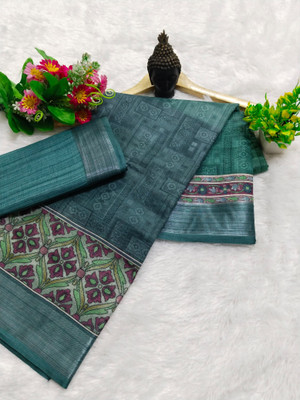 HouseOfCommon Printed Bollywood Pure Cotton, Cotton Linen Saree(Dark Green)