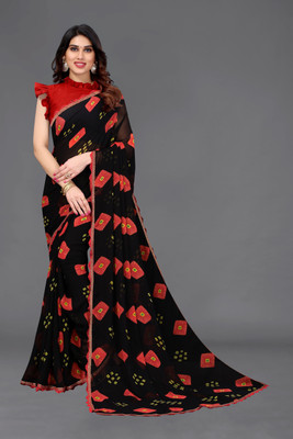 HouseOfCommon Printed Bandhani Georgette Saree(Black)