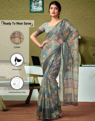 Satrani Digital Print, Floral Print, Embellished Bollywood Linen Saree(Green)