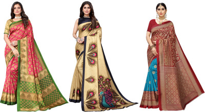 Nirvaan Printed Mysore Art Silk Saree(Pack of 3, Pink, Gold, Blue, Red)