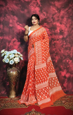 SARATHITEXTILE Color Block Hand Batik Cotton Blend Saree(Orange)