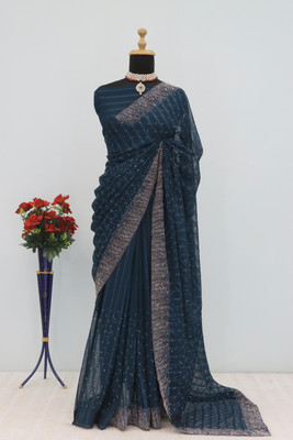 ZOYAL ENTERPRISE Embellished Bollywood Georgette Saree(Dark Blue)