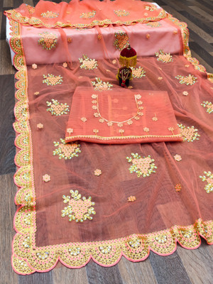 Radheradhey Embroidered, Floral Print Bollywood Net Saree(Orange)