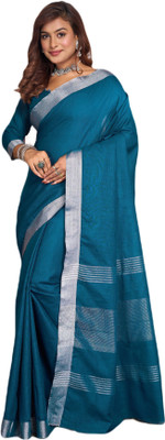 NEGRONI Solid/Plain Daily Wear Linen Saree(Blue)