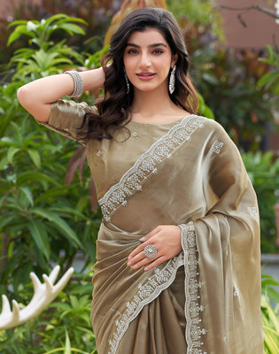 Satrani Embroidered, Embellished Bollywood Jimmy choo, Tissue Saree(Beige)