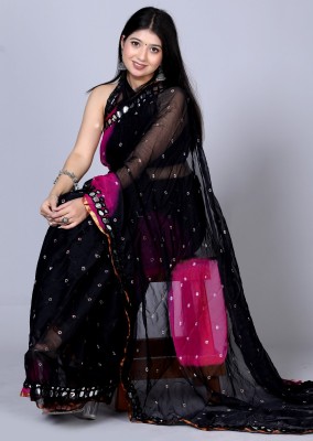 JMD Ent Blocked Printed, Digital Print, Self Design, Color Block, Printed Bandhani Chiffon Saree(Black)