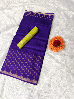 Sakhi Vastra Temple Border Saree with Attached Blouse Cotton Silk Saree(Purple)