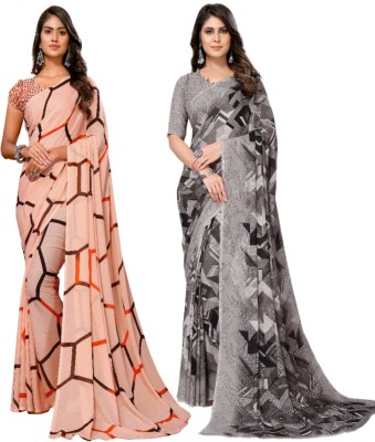 YASHIKA Printed Daily Wear Georgette Saree(Pack of 2, Brown, Grey)