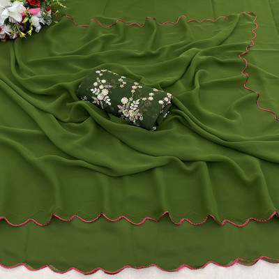 V AMAN FASHION Self Design Bollywood Georgette Saree(Dark Green)