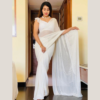 Shree designer Embellished Leheria Georgette Saree(White)