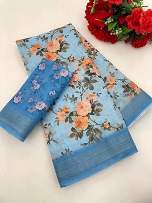 Marabout Digital Print Bollywood Cotton Linen Saree(Light Blue)