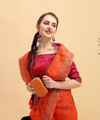 Sangria Printed Bollywood Linen Saree(Orange)