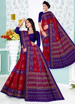 Tareni Printed Sambalpuri Pure Cotton Saree(Blue, Red)