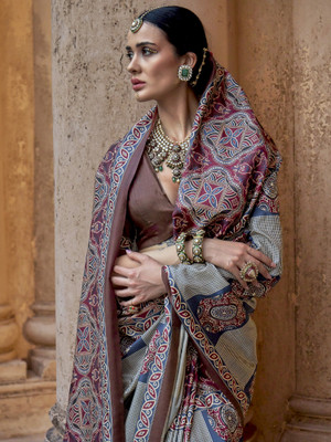 ANOUK Printed Banarasi Silk Blend Saree(Brown)