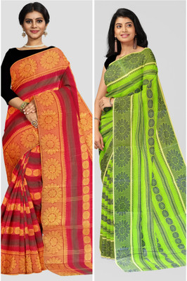 Ganesh plastic and industry Self Design Tant Velvet, Pure Cotton Saree(Pack of 2, Multicolor)