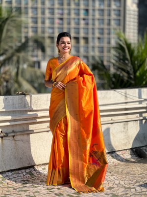 Tasrika Embellished Paithani Pure Silk Saree(Orange)