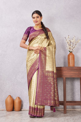 Heirlooms Woven Banarasi Satin Saree(Gold, Purple)