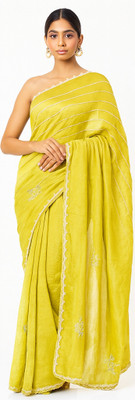 AURABYPRIYANKA Embroidered Saree with Attached Blouse Organza Saree(Yellow)
